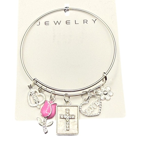 Jewelry - Silver Tone Charm‎ Bangle Bracelet Cross Rose Heart Flower Love Jewelry